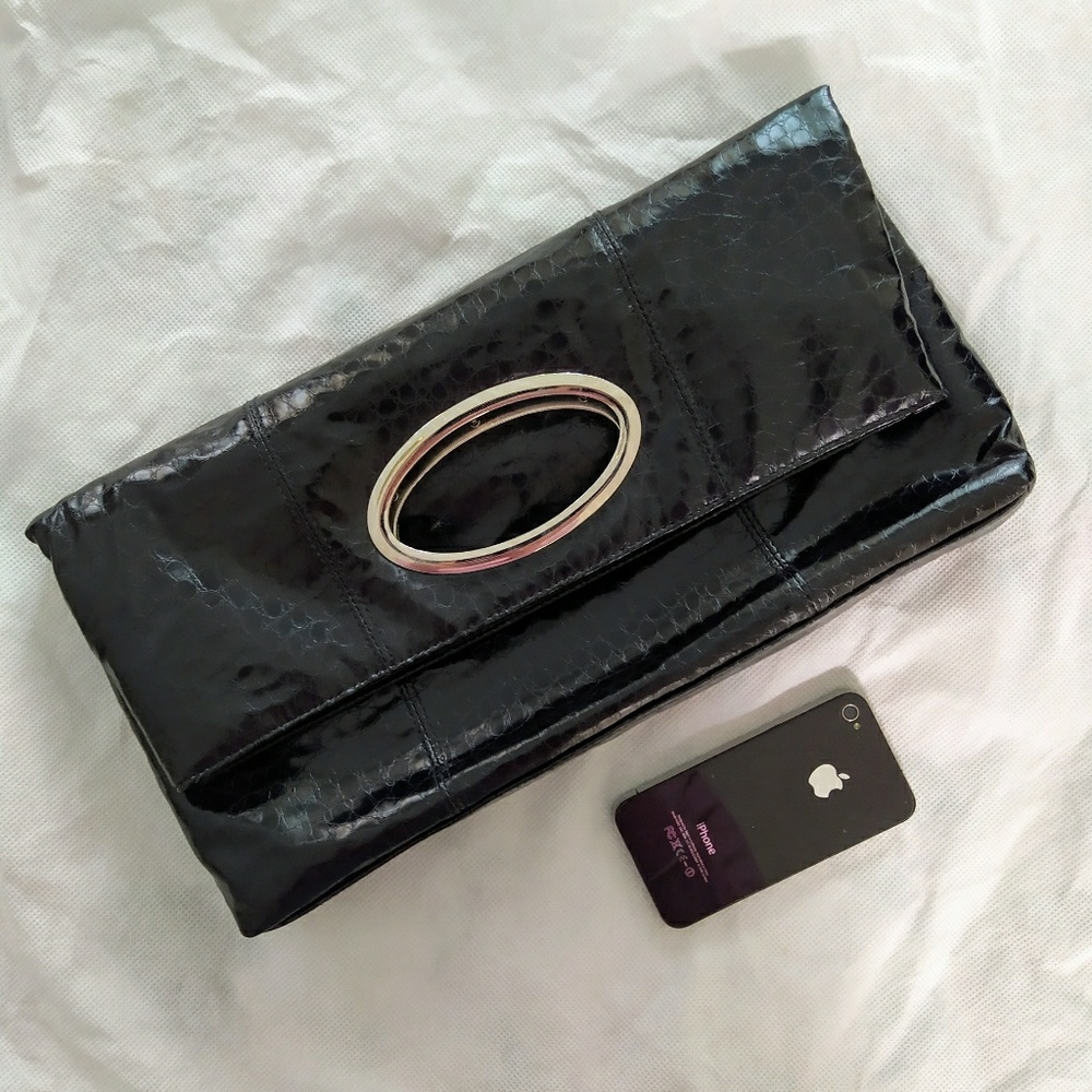 Le Chateau Black Faux Snakeskin Clutch Purse Bag